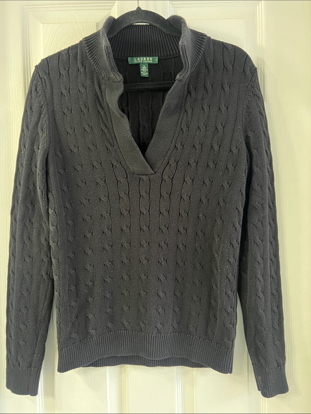 Lauren Ralph Lauren Cotton Black Cable V-Neck Sweater